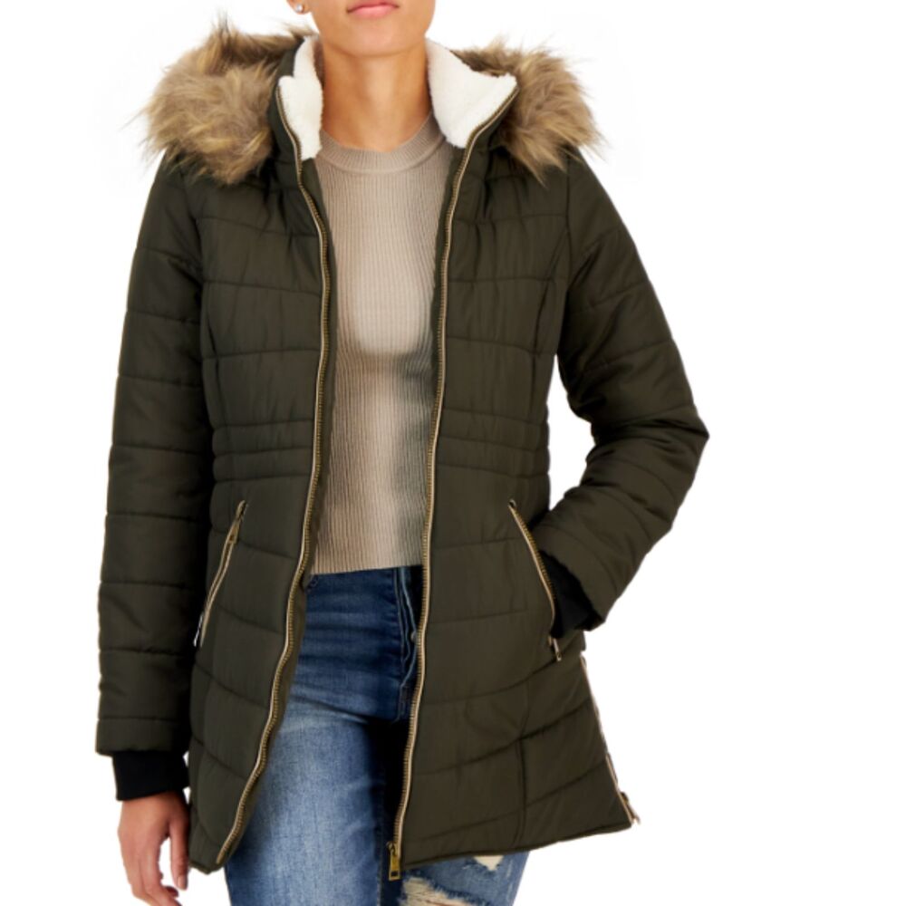 Maralyn & Me Women Junior Olive Faux Fur Trim Hood Puffer Coat Jacket Size S NWT